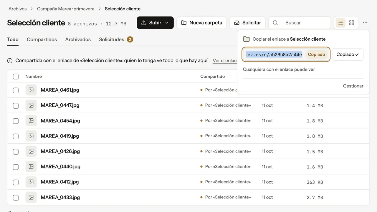 Gestor de archivos de Positiva mostrando carpetas, envíos y el espacio que ocupa cada uno