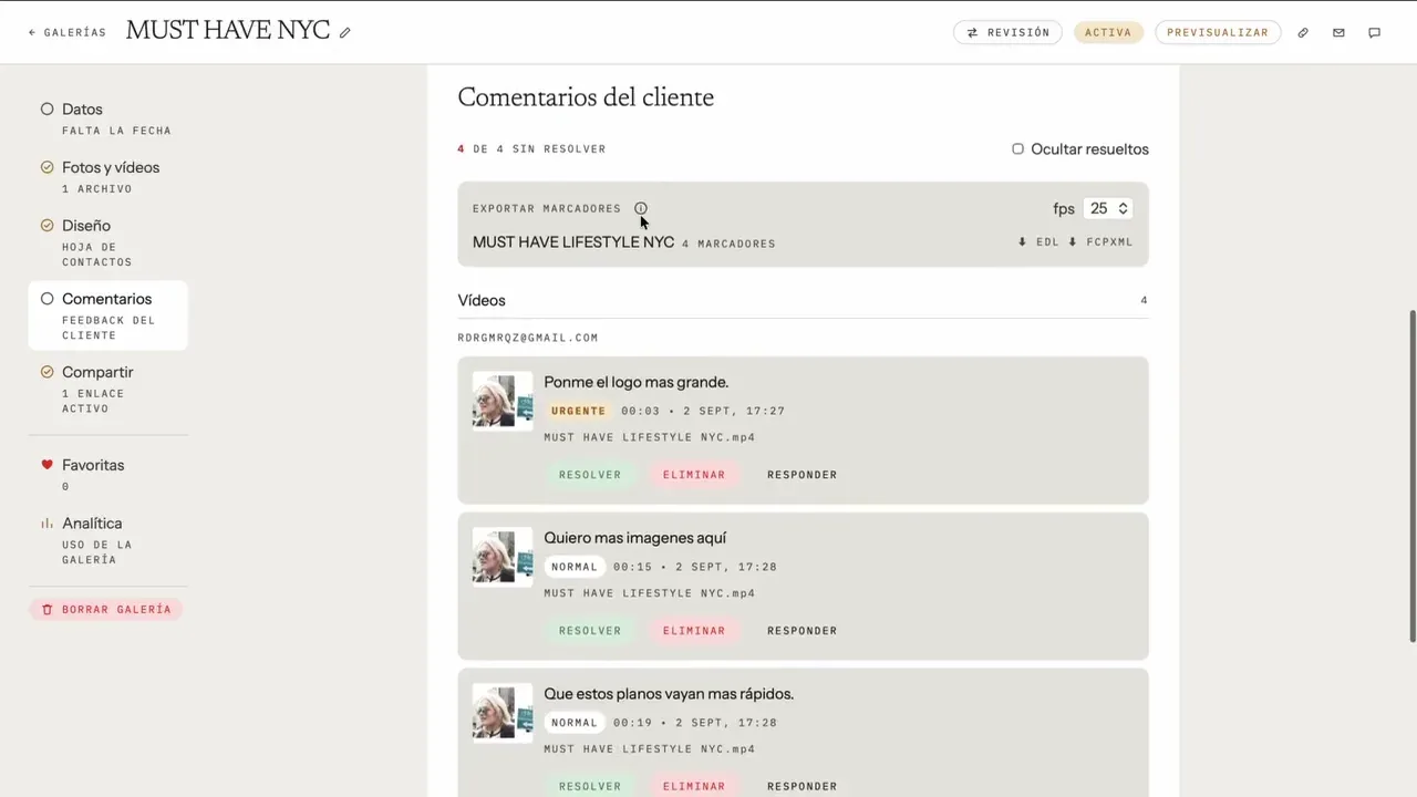 Visor de revisión de vídeo en Positiva con comentarios del cliente sobre el fotograma